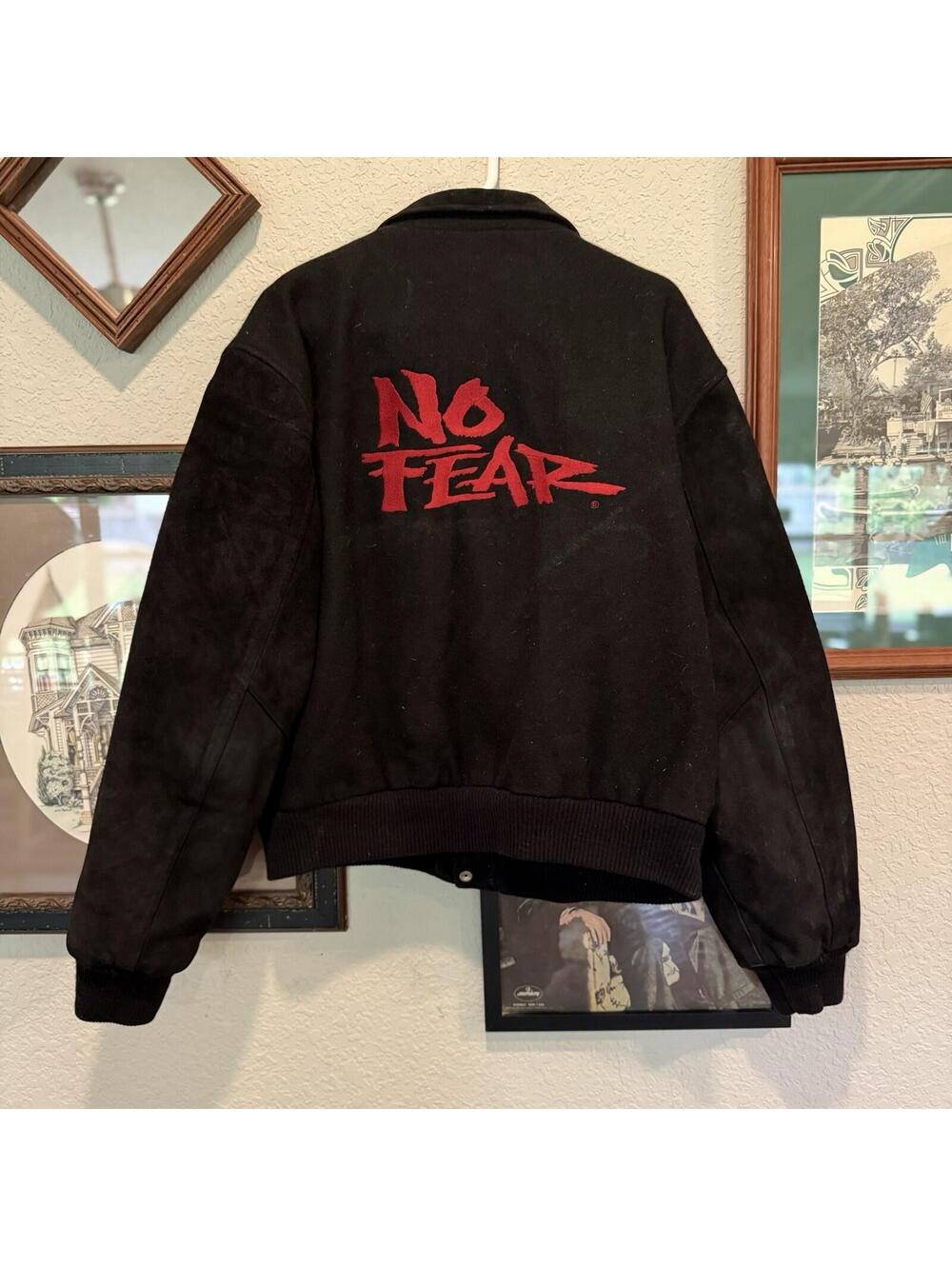 Vintage 90s RARE No Fear USA Wool Designer Bomber Varsity Jacket Black Size XL